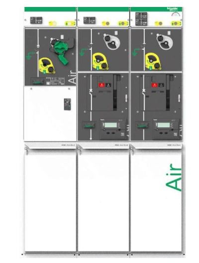 MV secondary gas insulated switchgear with pressurized dry air, shunt vacuum interrupters